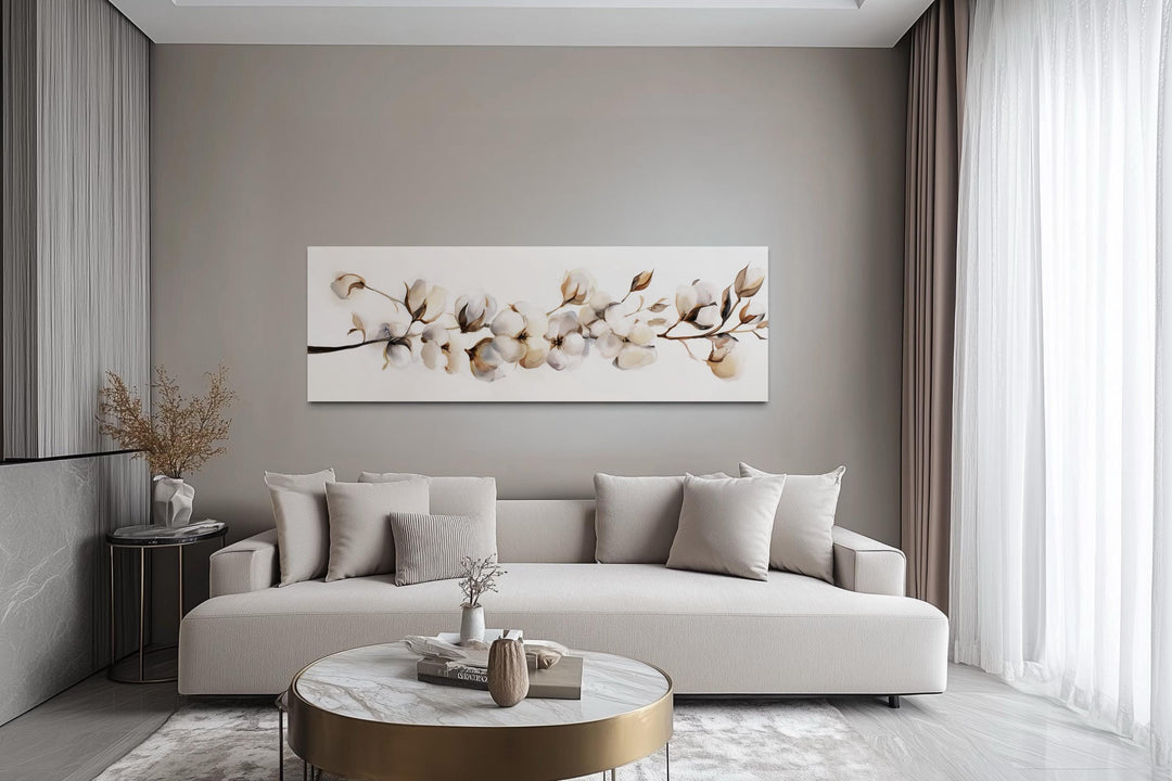 Boho Long Horizontal Neutral Cotton Plant Painting Canvas Wall Art