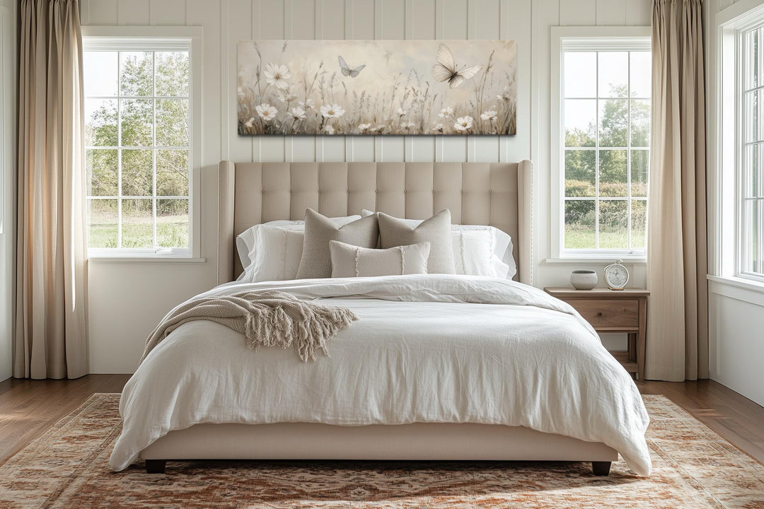 Boho Neutral Wildflowers And Butterflies Long Horizontal Canvas Wall Art