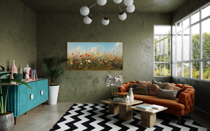 Boho Wildflowers Field Large Framed Canvas Wall Art