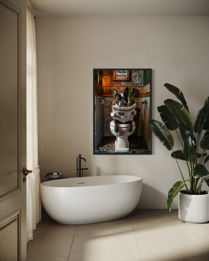 Boston Terrier On Toilet Reading Newspaper Picture