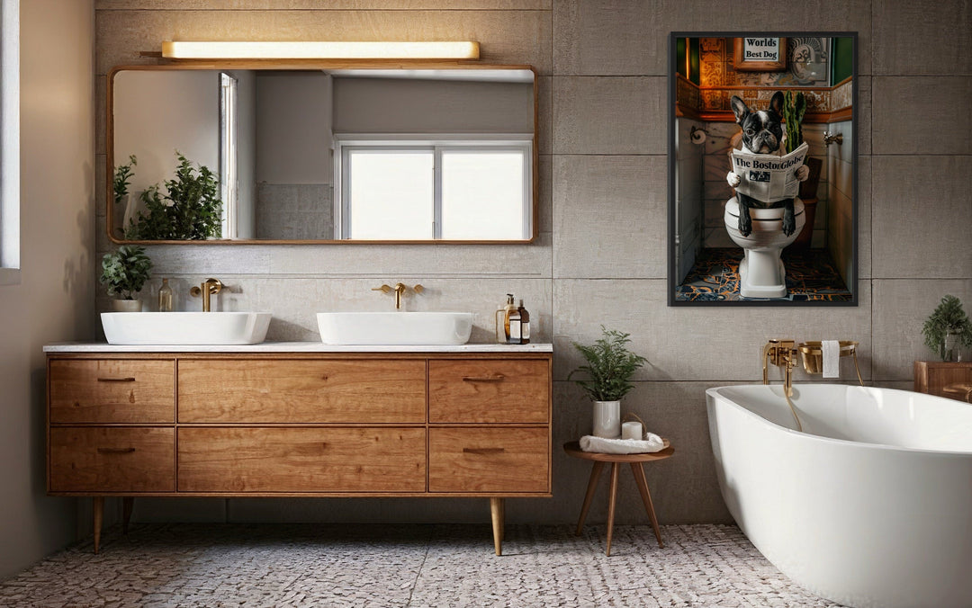 Boston Terrier On Toilet Reading Newspaper Picture