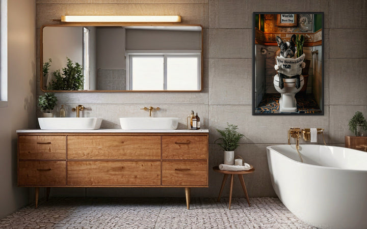 Boston Terrier On Toilet Reading Newspaper Picture