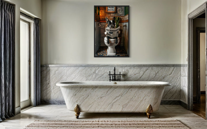 Boston Terrier On Toilet Reading Newspaper Picture