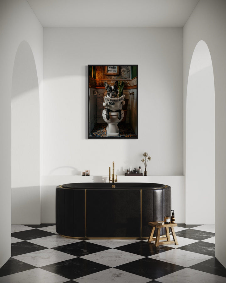 Boston Terrier On Toilet Reading Newspaper Picture