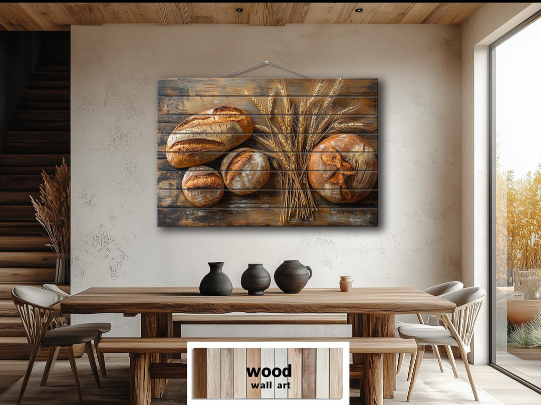 Bread and Wheat Real Wood Wall Art For Rustic Farmhouse Dining Room Or Kitchen Decor