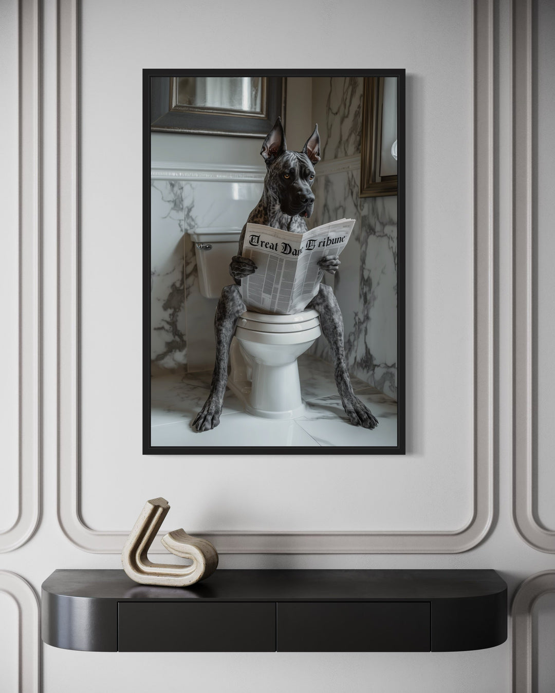 Brindle Great Dane On The Toilet Reading Newspaper Picture