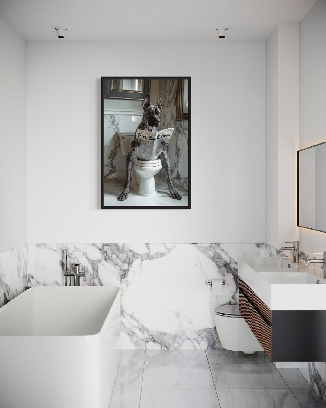 Brindle Great Dane On The Toilet Reading Newspaper Picture