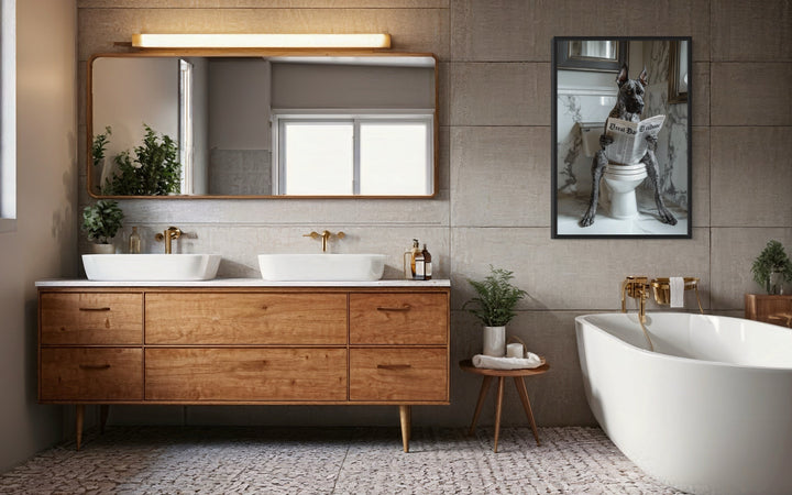 Brindle Great Dane On The Toilet Reading Newspaper Picture