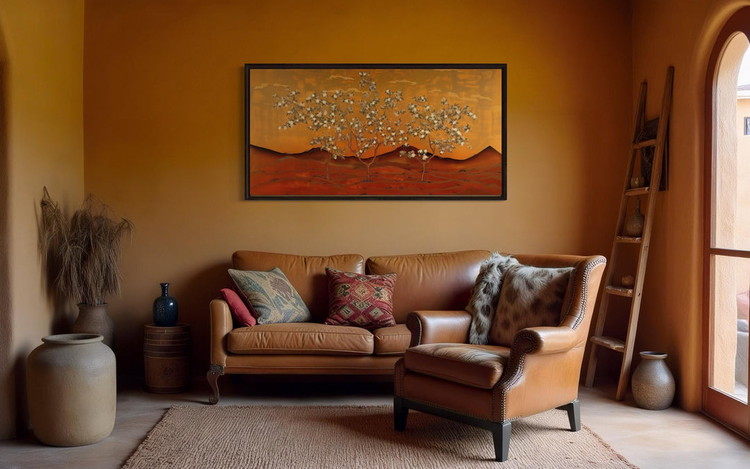 Brown And Orange Landscape With Blossoming Trees Framed Canvas Wall Art