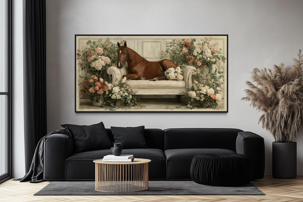 Brown Horse On Couch Floral Canvas Wall Art