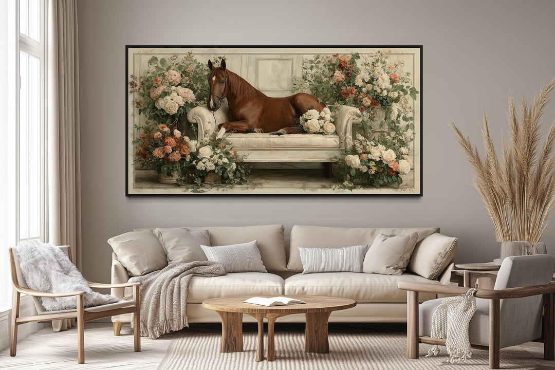 Brown Horse On Couch Floral Canvas Wall Art