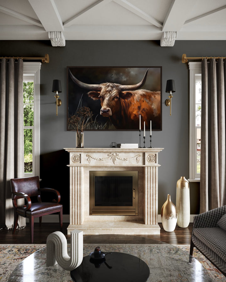 Brown Texas Longhorn Cow Framed Canvas Wall Art