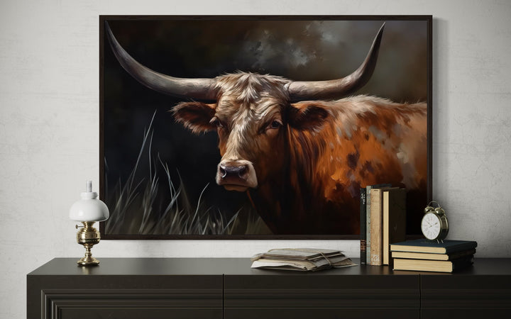 Brown Texas Longhorn Cow Framed Canvas Wall Art