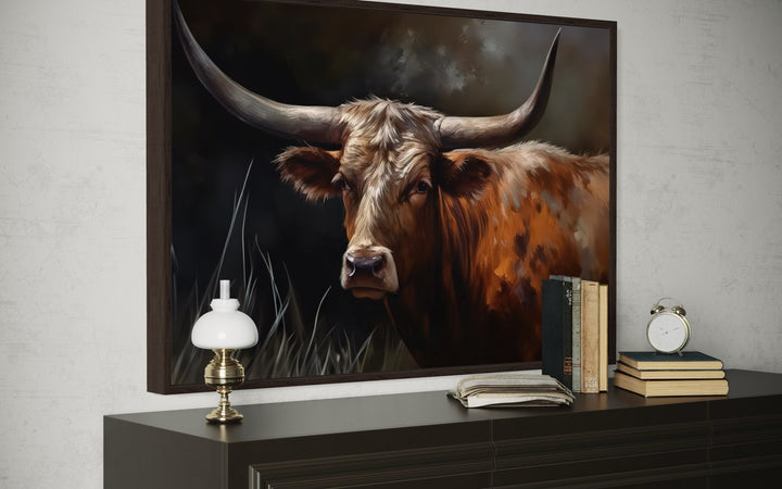 Brown Texas Longhorn Cow Framed Canvas Wall Art