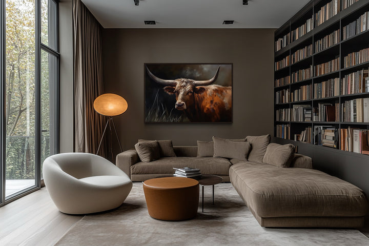 Brown Texas Longhorn Cow Framed Canvas Wall Art