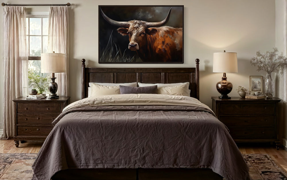Brown Texas Longhorn Cow Framed Canvas Wall Art