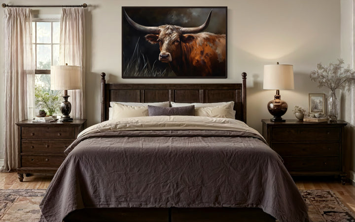 Brown Texas Longhorn Cow Framed Canvas Wall Art