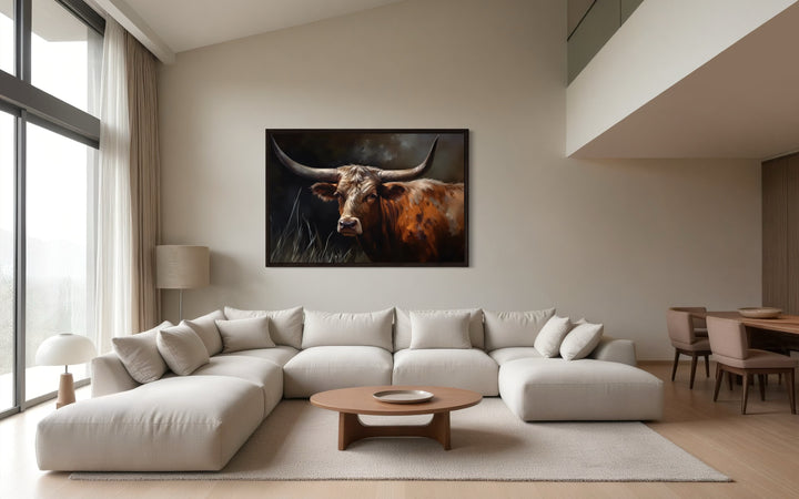 Brown Texas Longhorn Cow Framed Canvas Wall Art