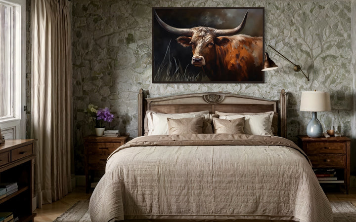 Brown Texas Longhorn Cow Framed Canvas Wall Art