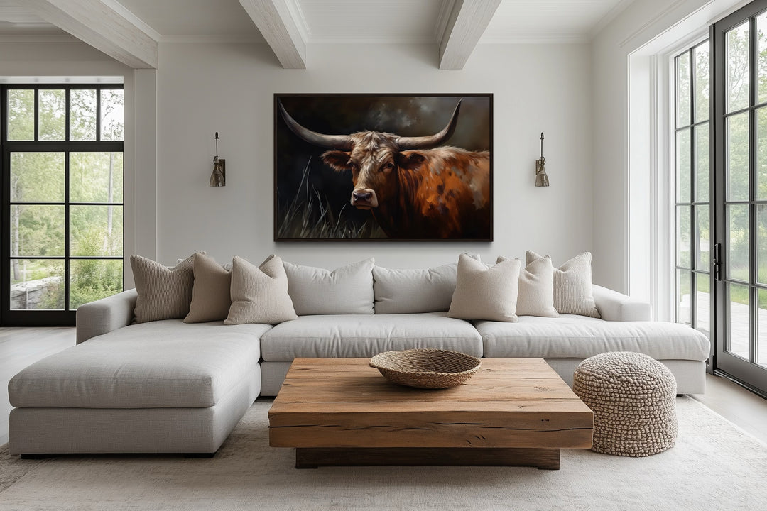 Brown Texas Longhorn Cow Framed Canvas Wall Art