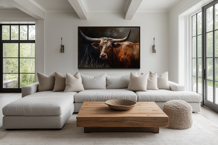 Brown Texas Longhorn Cow Framed Canvas Wall Art