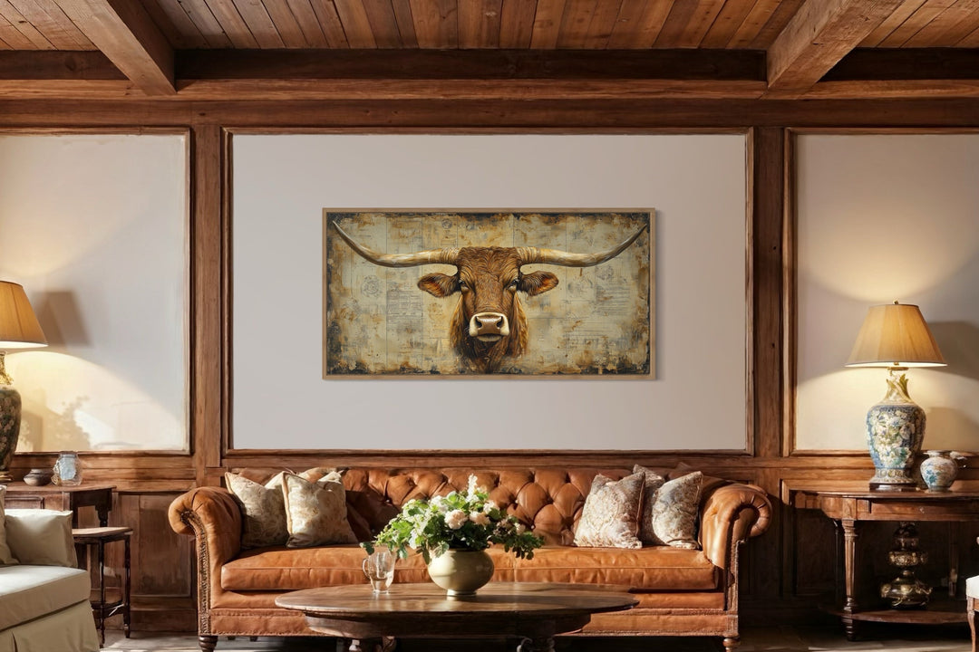 Brown Texas Longhorn Cow Head With Huge Horns On Beige Background Framed Canvas Wall Art