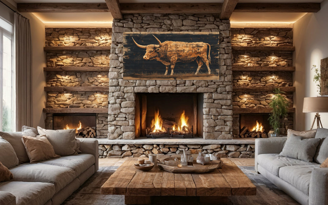 Brown Texas Longhorn Cow Painted On Black Rustic Wood Framed Canvas Wall Art