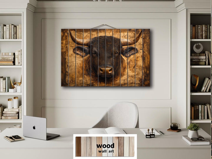 Bull Portrait Real Wood Wall Art – Rustic Sign For Man Cave