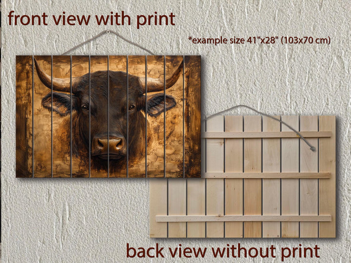 Bull Portrait Real Wood Wall Art – Rustic Sign For Man Cave
