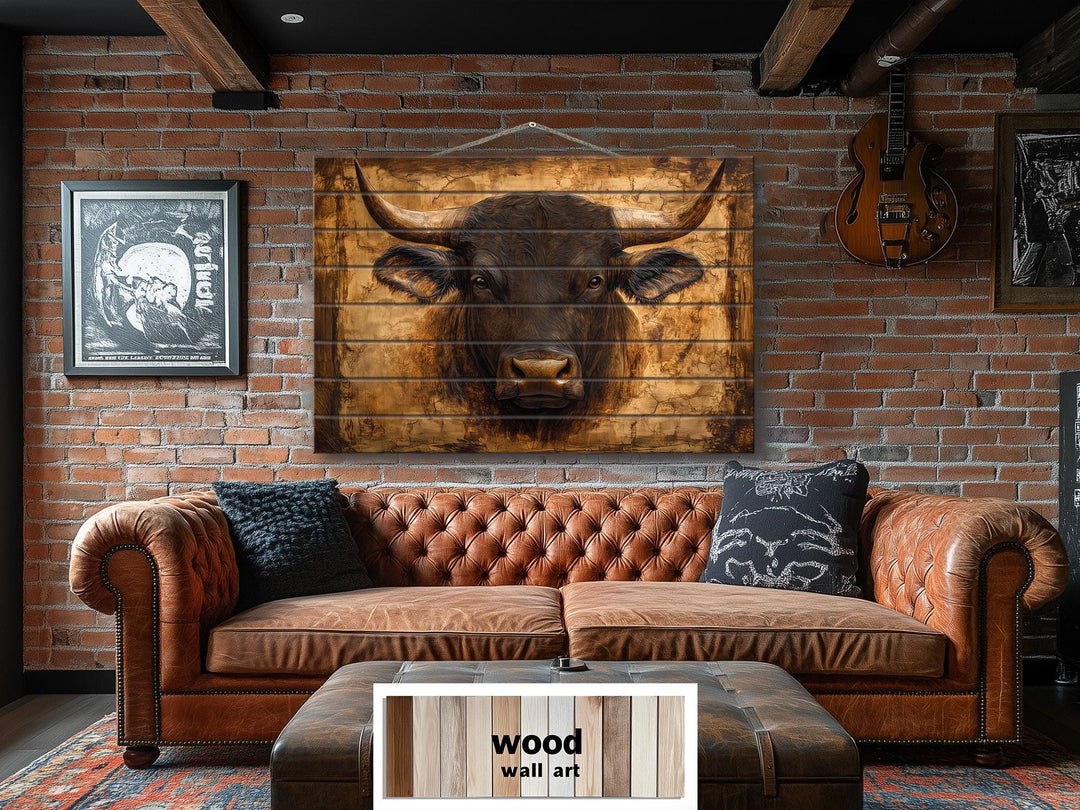 Bull Portrait Real Wood Wall Art – Rustic Sign For Man Cave