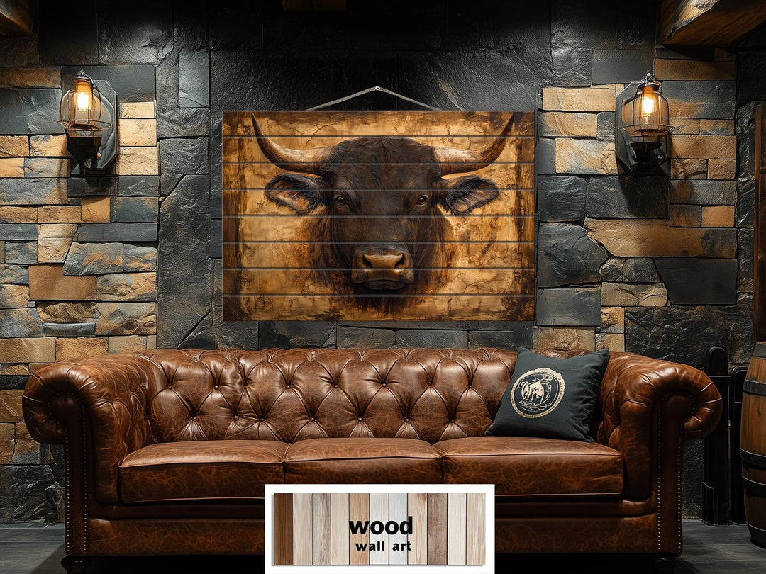 Bull Portrait Real Wood Wall Art – Rustic Sign For Man Cave