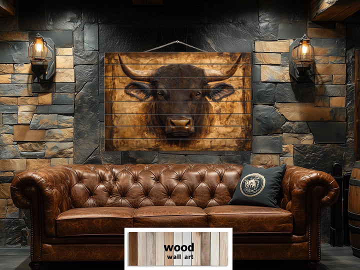 Bull Portrait Real Wood Wall Art – Rustic Sign For Man Cave