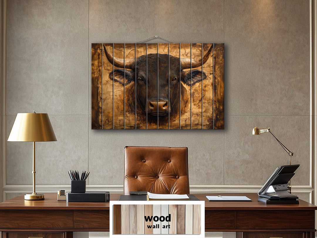 Bull Portrait Real Wood Wall Art – Rustic Sign For Man Cave