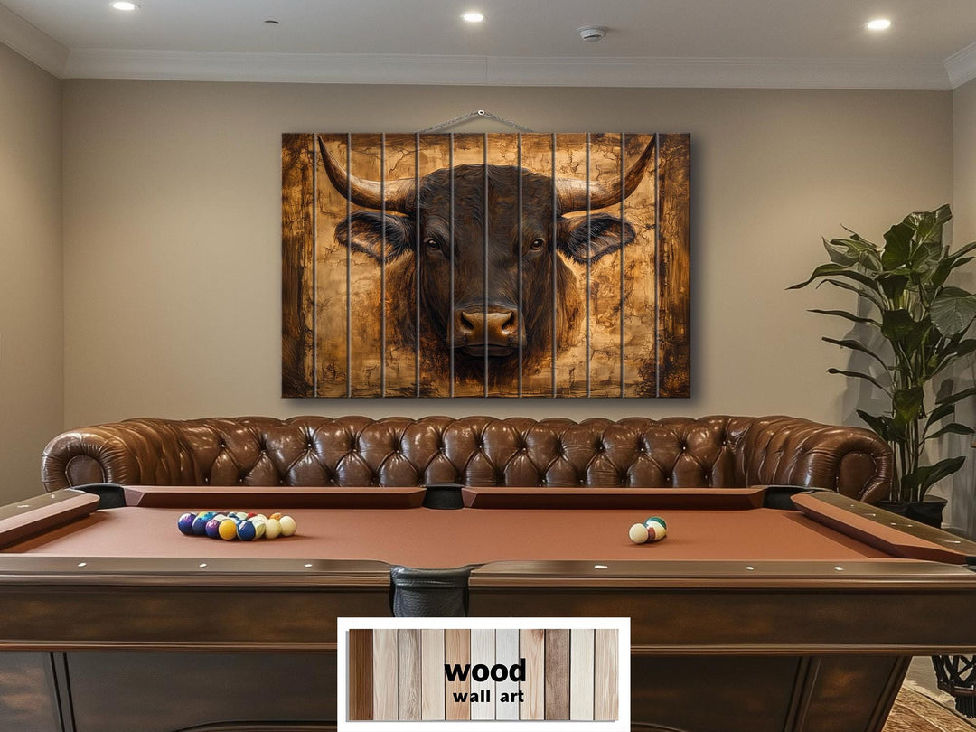 Bull Portrait Real Wood Wall Art – Rustic Sign For Man Cave
