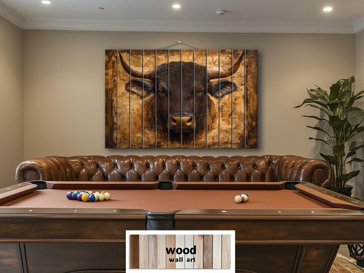 Bull Portrait Real Wood Wall Art – Rustic Sign For Man Cave