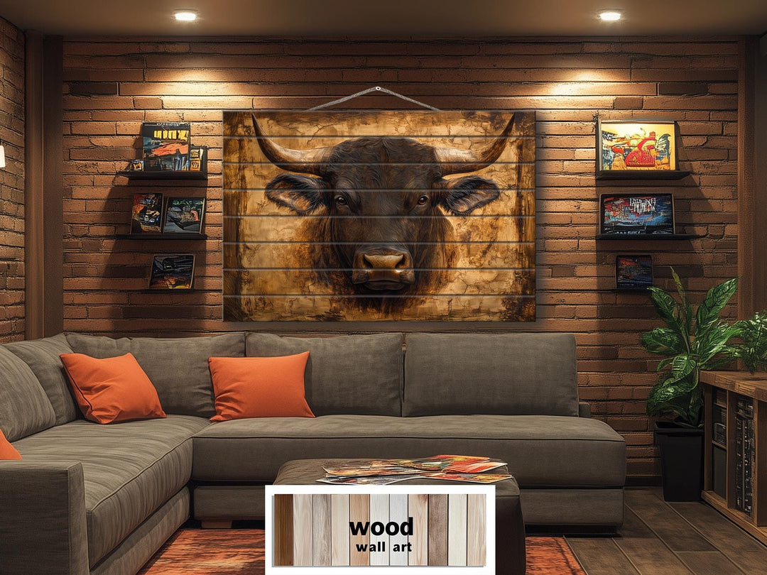 Bull Portrait Real Wood Wall Art – Rustic Sign For Man Cave