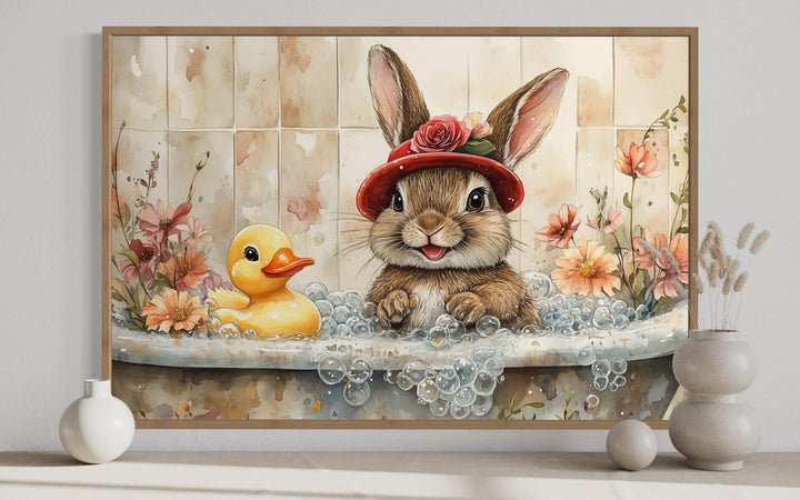 Bunny In Bathtub Framed Canvas Wall Art