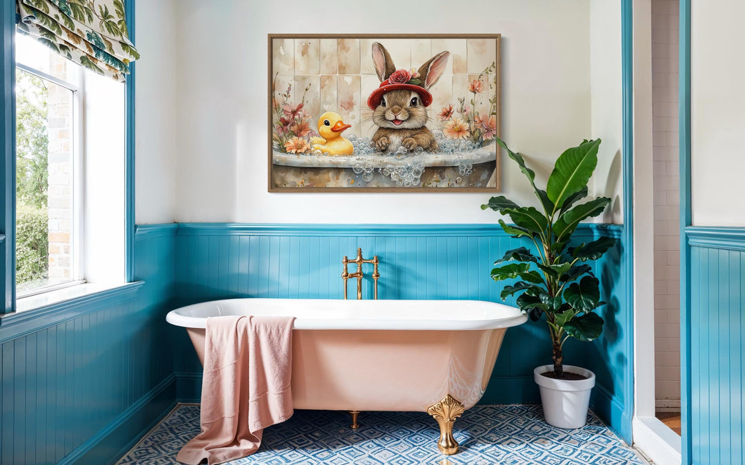 Bunny In Bathtub Framed Canvas Wall Art