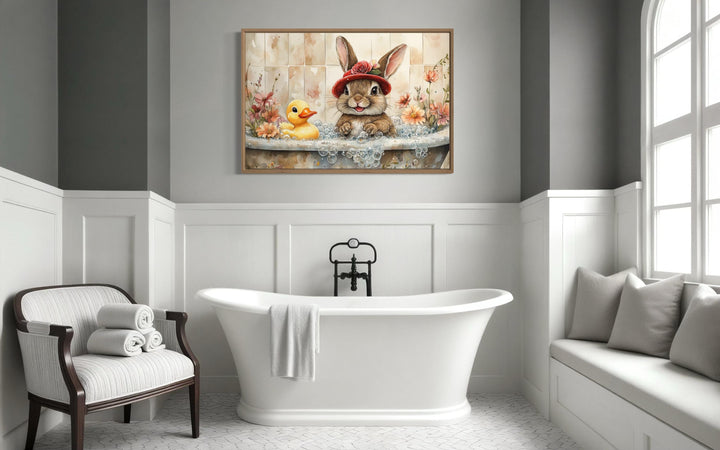Bunny In Bathtub Framed Canvas Wall Art