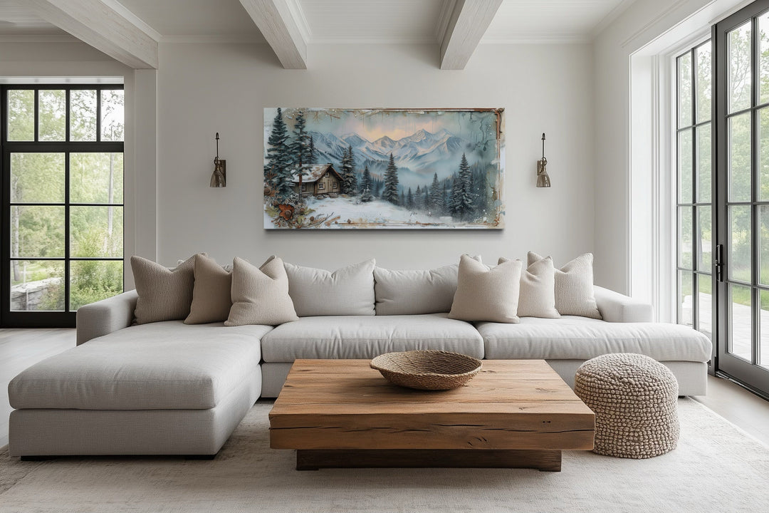 Cabin In Snowy Mountains Rustic Framed Canvas Wall Art