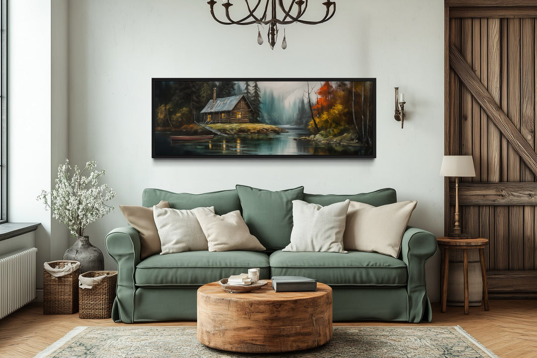 Cabin On the Lake Horizontal Narrow rustic Framed Canvas Wall Art