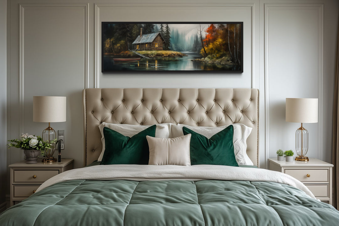 Cabin On the Lake Horizontal Narrow rustic Framed Canvas Wall Art