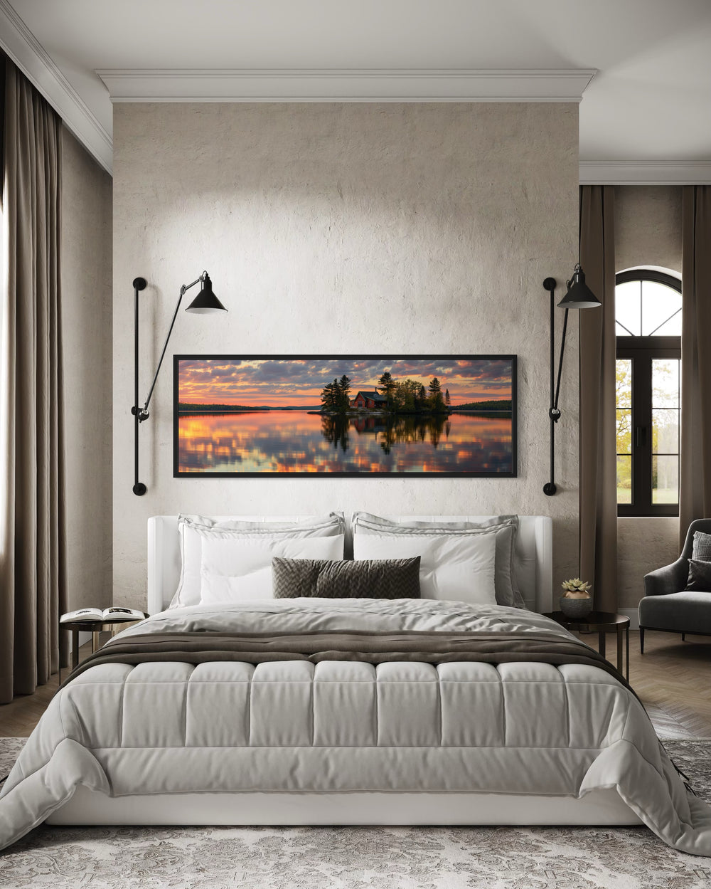 Cabin in The Lake Landscape At Sunset Long Horizontal Framed Canvas Wall Art