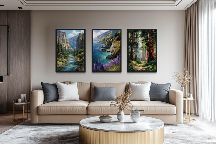 California Landscape Wall Art Set of 3, Yosemite, Big Sur, Redwood Forest