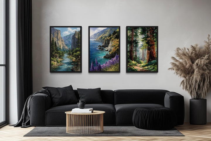 California Landscape Wall Art Set of 3, Yosemite, Big Sur, Redwood Forest