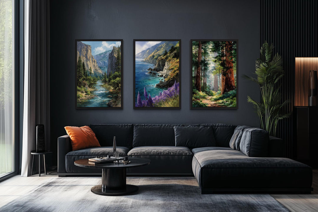 California Landscape Wall Art Set of 3, Yosemite, Big Sur, Redwood Forest