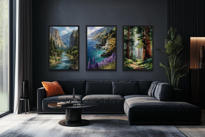 California Landscape Wall Art Set of 3, Yosemite, Big Sur, Redwood Forest