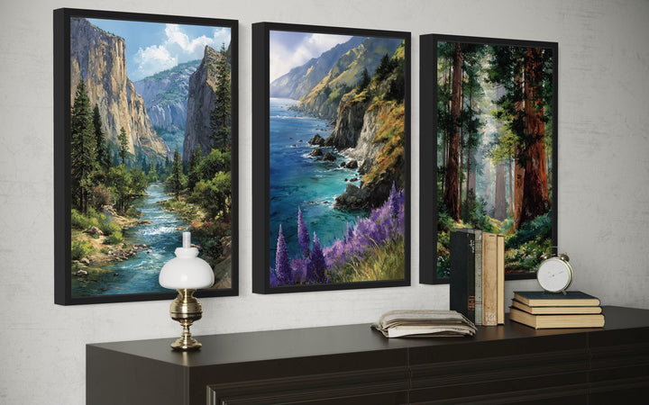 California Landscape Wall Art Set of 3, Yosemite, Big Sur, Redwood Forest