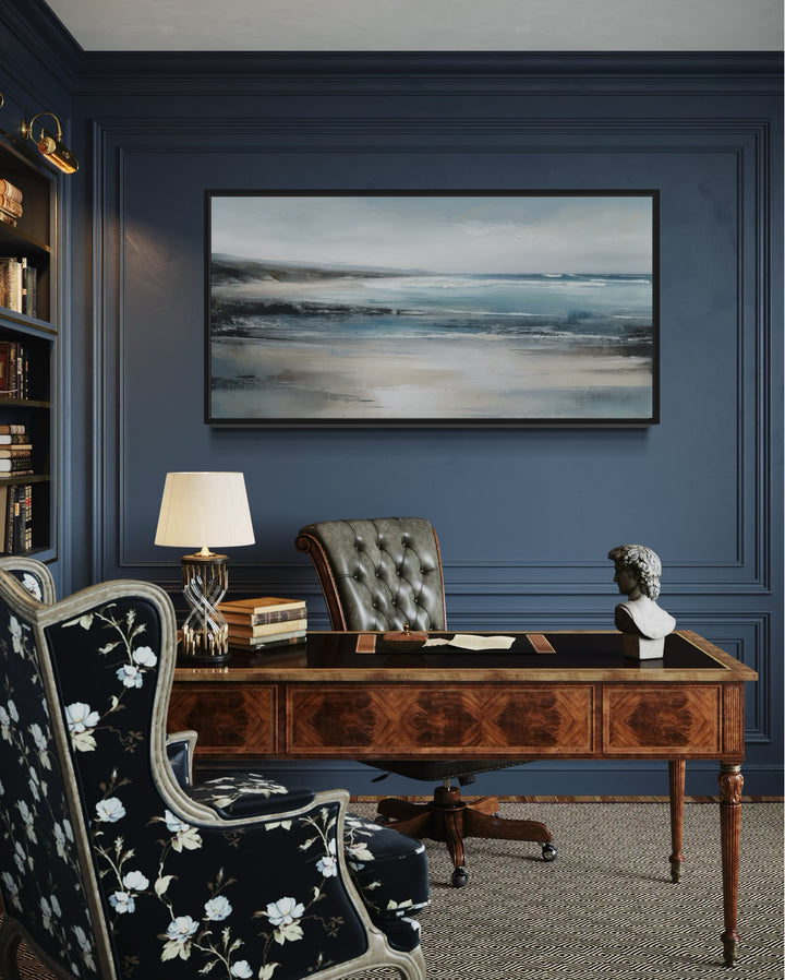 Calm Minimalist Blue Gray Ocean Coastal Framed Canvas Wall