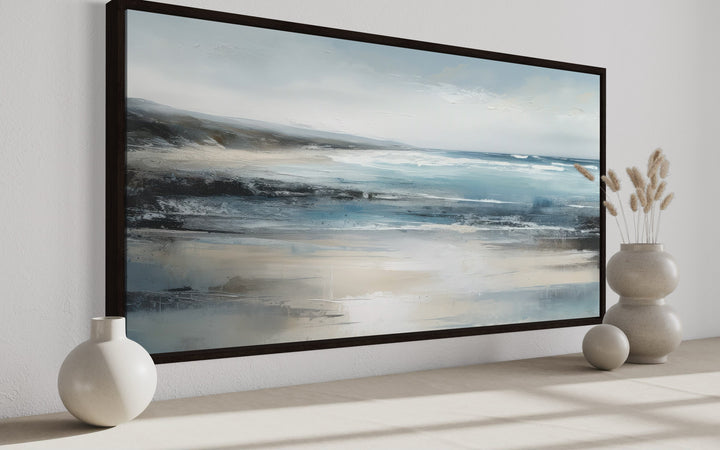 Calm Minimalist Blue Gray Ocean Coastal Framed Canvas Wall